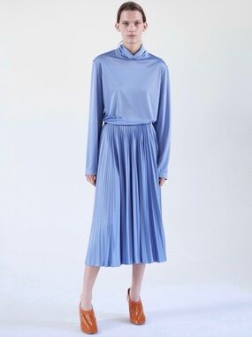 CÉLINE LAVENDER BLUE JERSEY TOP AND PLEATED MIDI SKIRT SET BY PHOEBE PHILO
